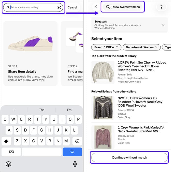 ebay adding listing screen