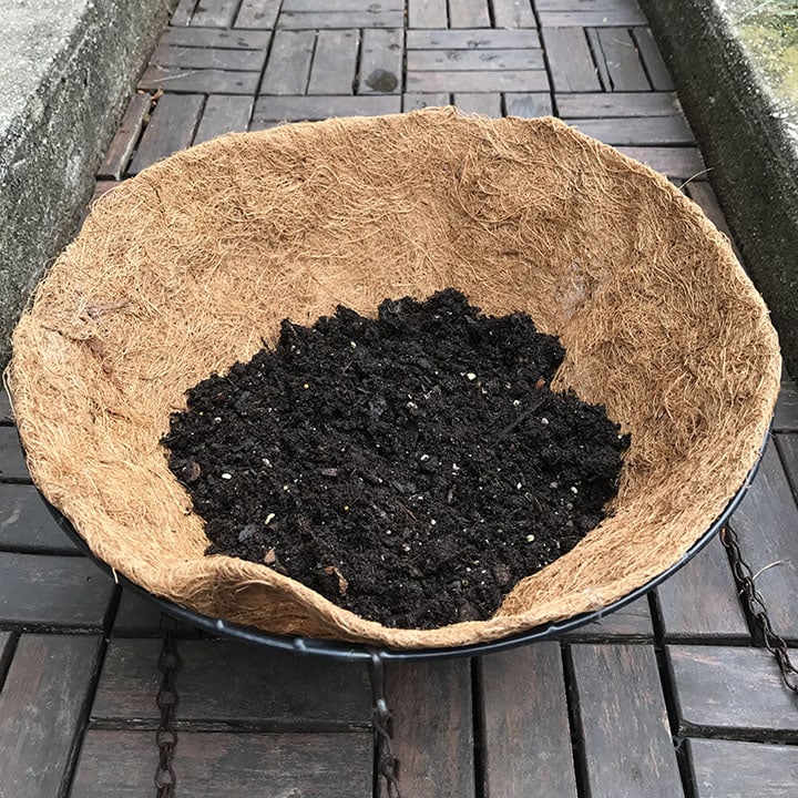 One-third of soil to hanging basket
