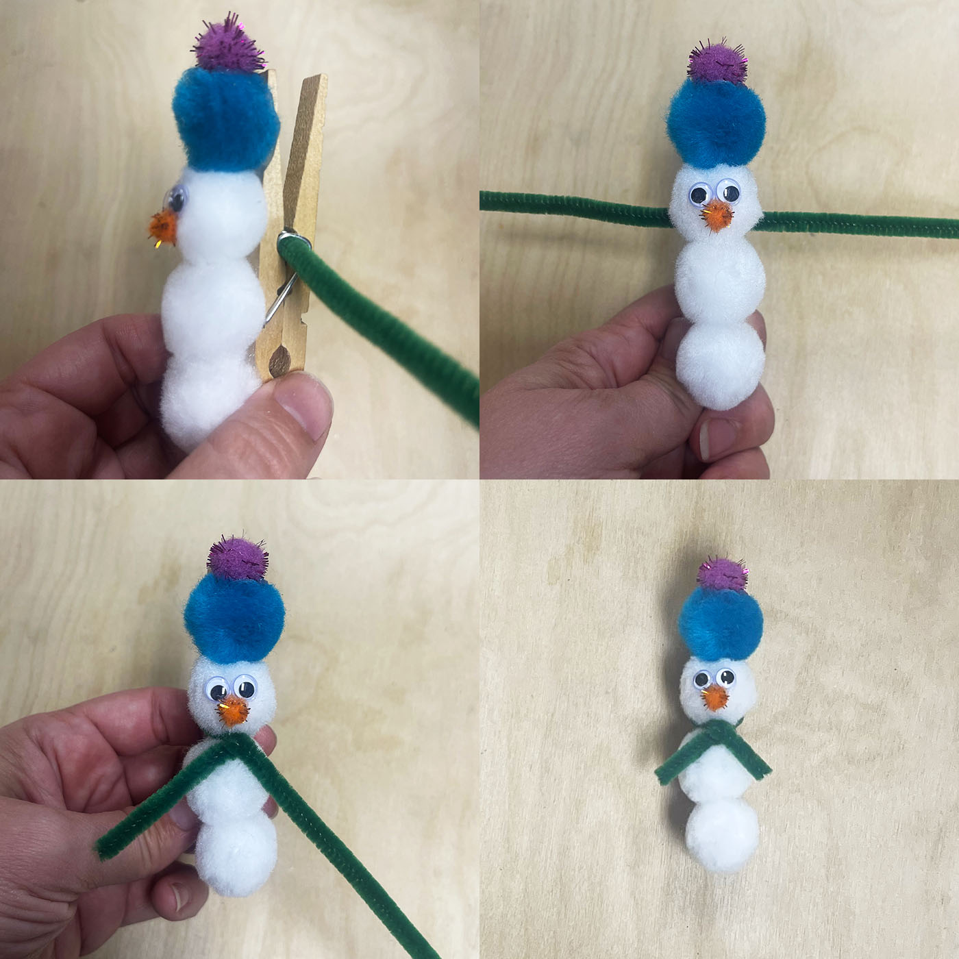 Adding pipe cleaner scarf to snowman