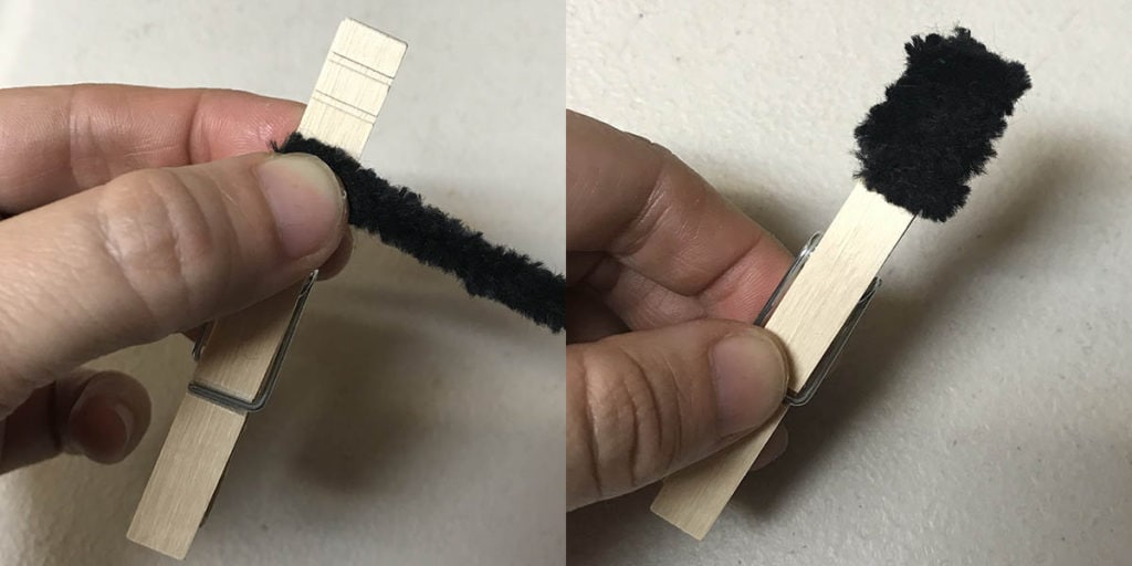 Wrapping pipe cleaner around clothespin to create hat
