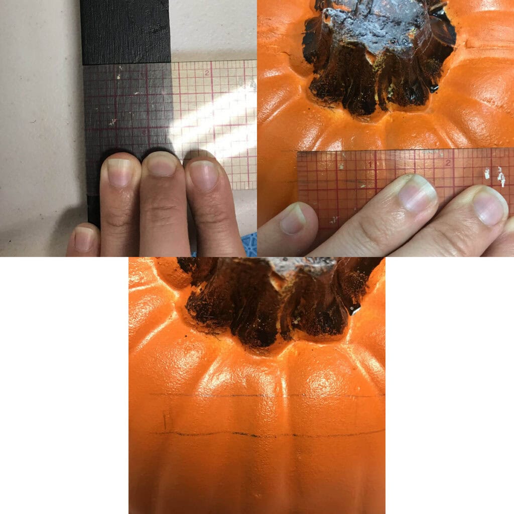 Measuring And Marking Width Of Stake On Pumpkin
