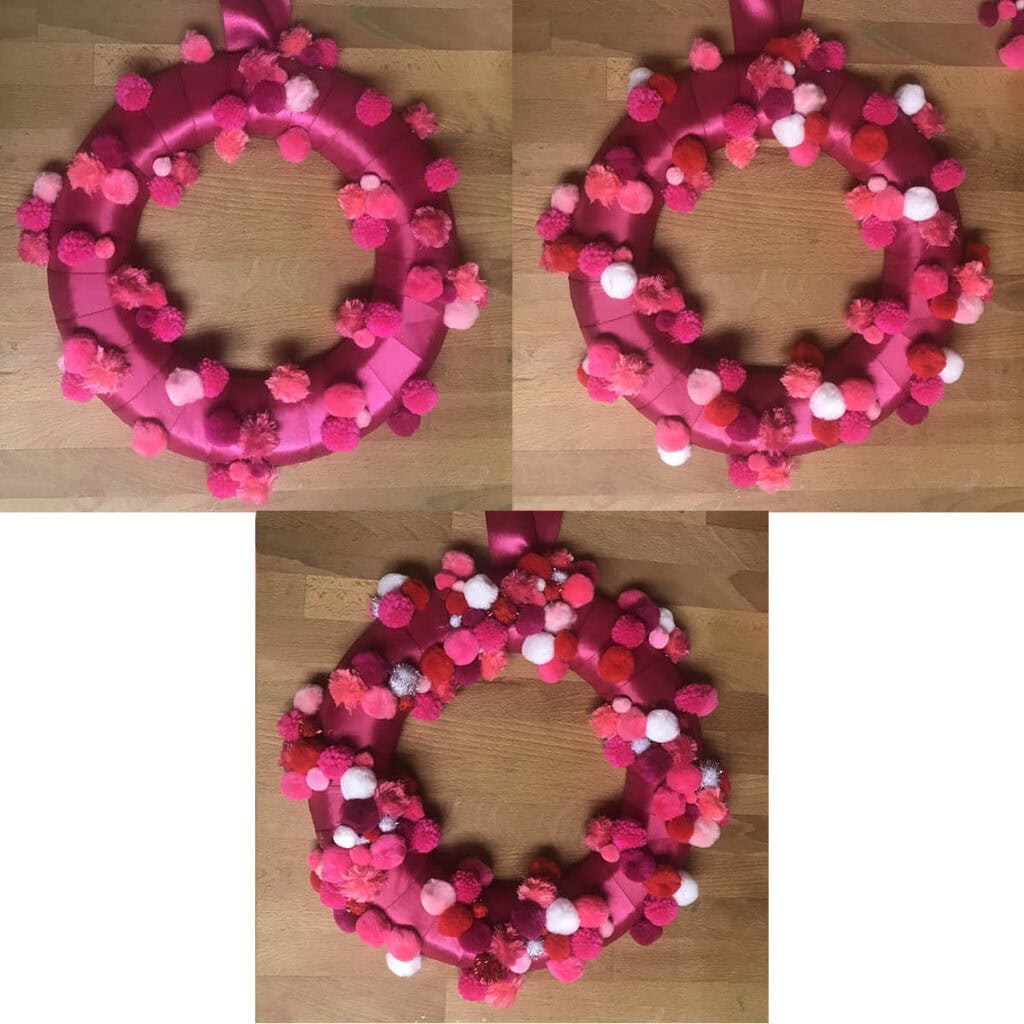 Adding pom poms to wreath