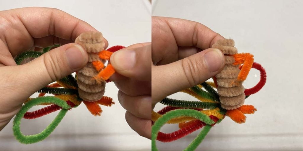 Attaching beak to pipe cleaner turkey