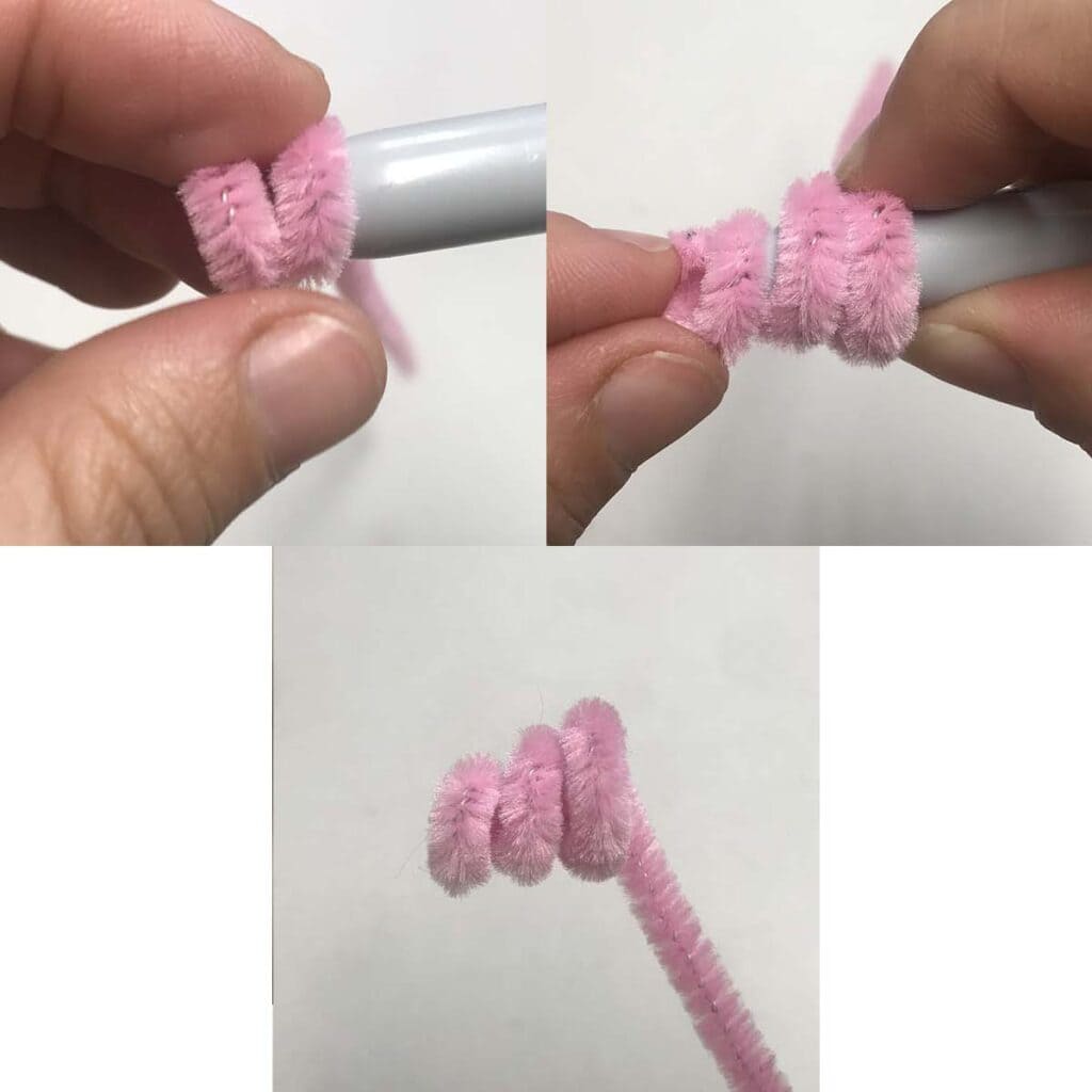 Wrapping pipe cleaner around Sharpie pen to create head of pig