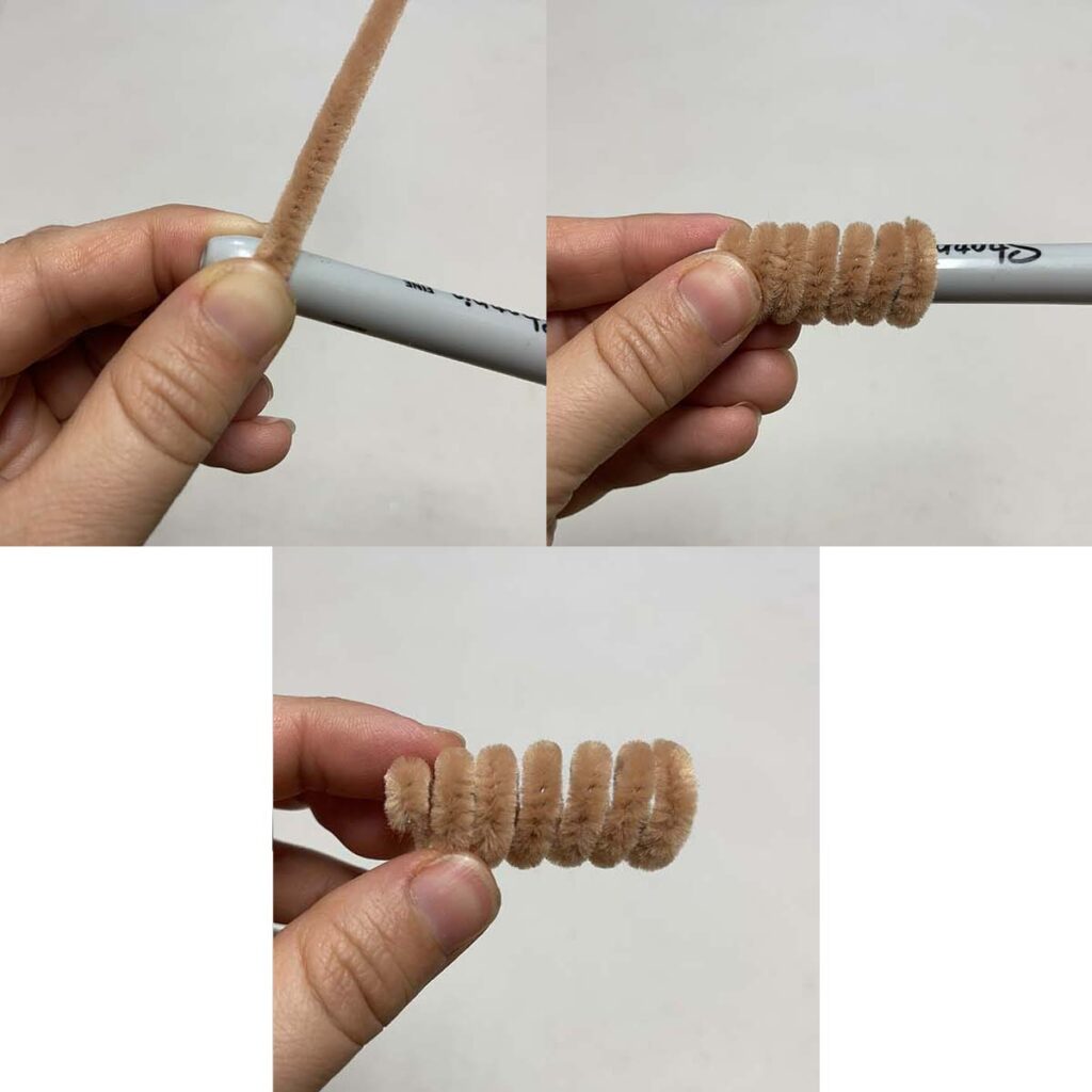 Wrapping pipe cleaner around sharpie pen to create turkey body