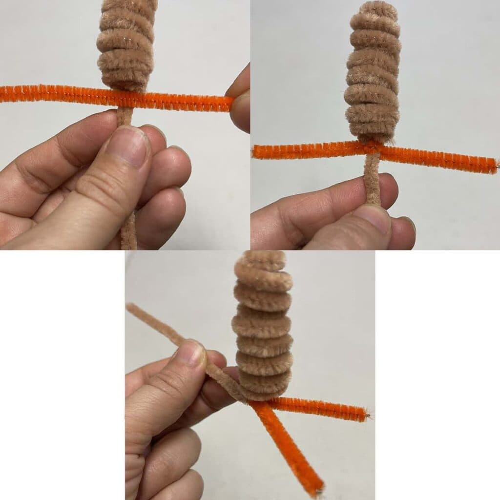 Attaching pipe cleaner feet to turkey
