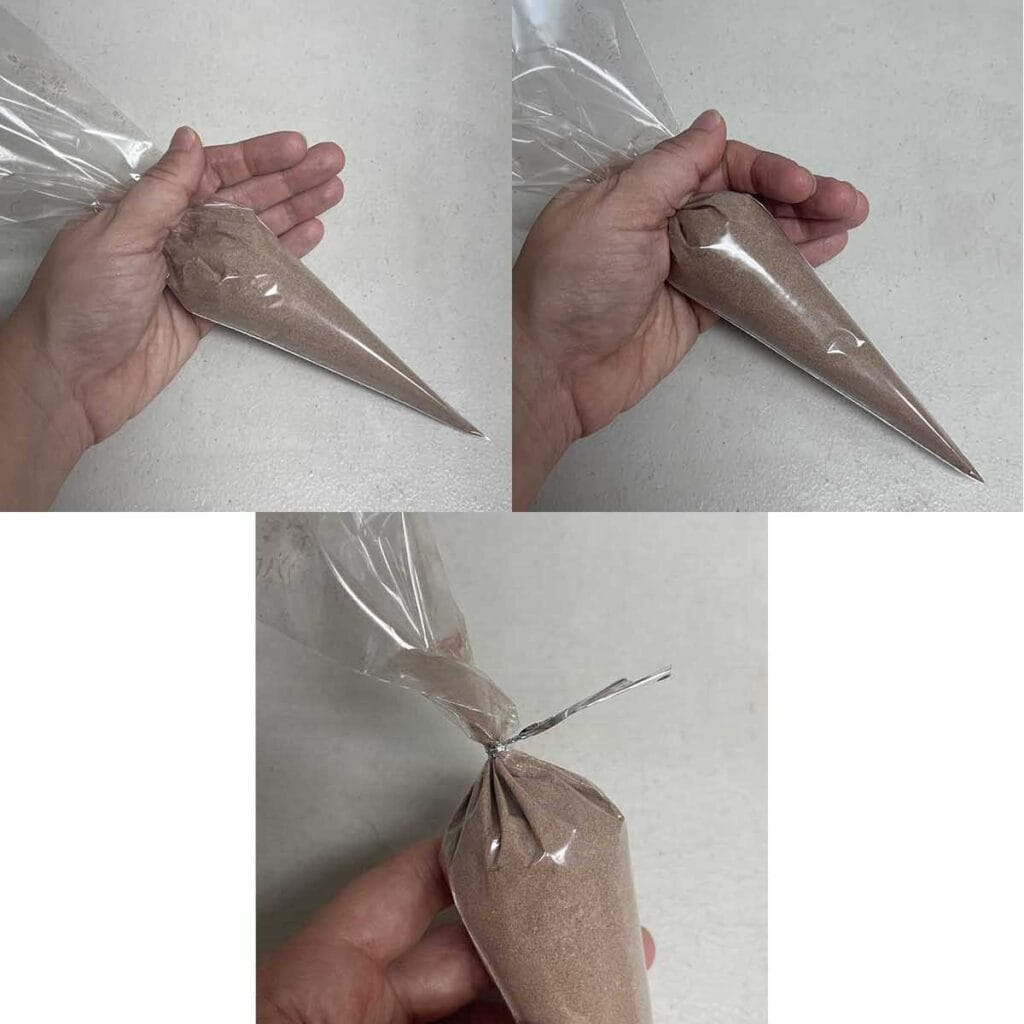 Filling cone with hot chocolate mix and securing it with twist tie