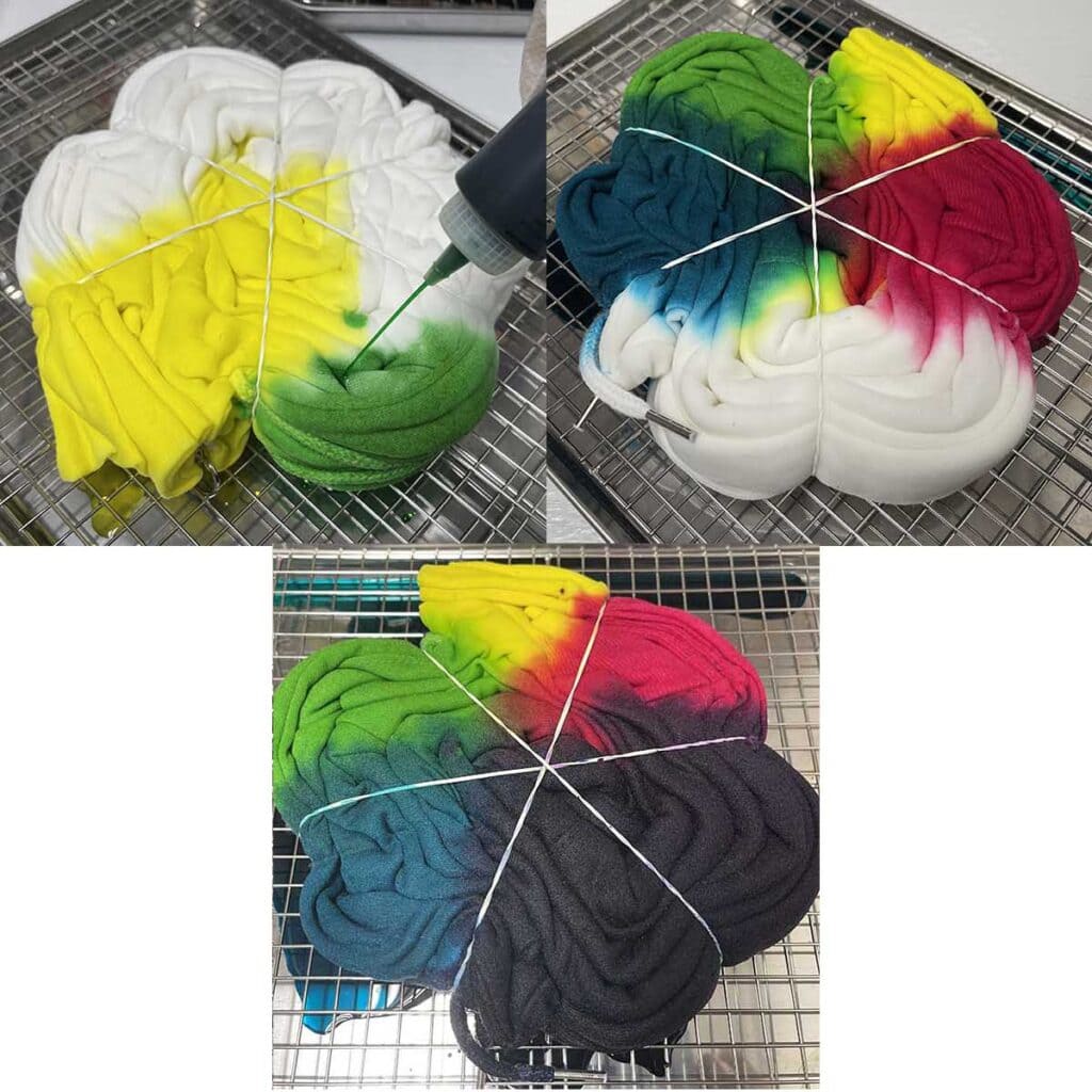 Adding dye to first side of hoodie