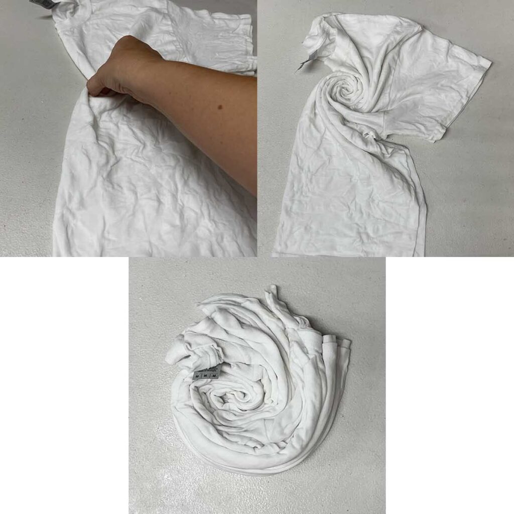 Twisting shirt into spiral for spider tie dye pattern