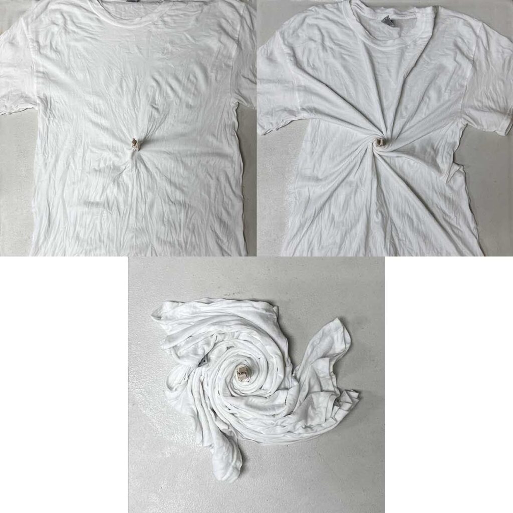 Twisting shirt into spiral tie dye pattern