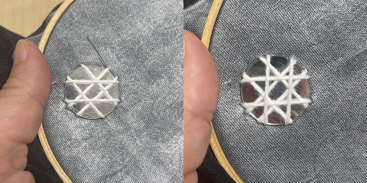 Creating forth (and final) set of stitches to secure mirror