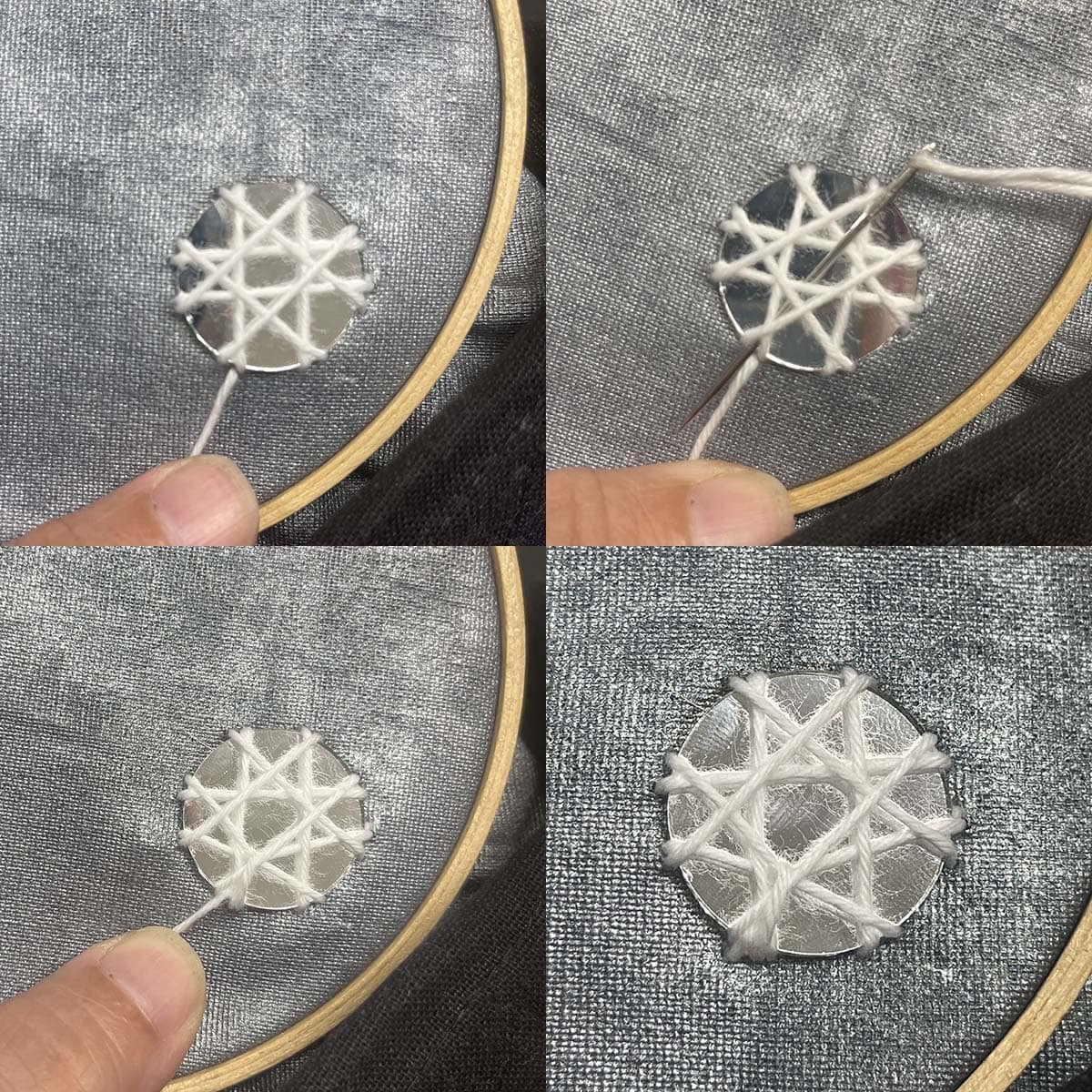 First stitch going around the mirror