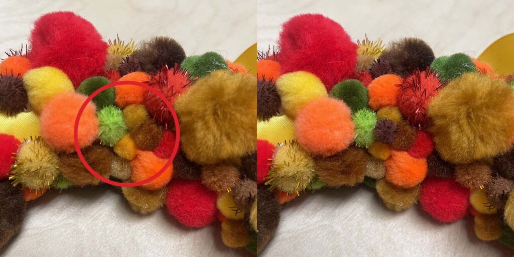 Adding pom poms to cover flattened areas