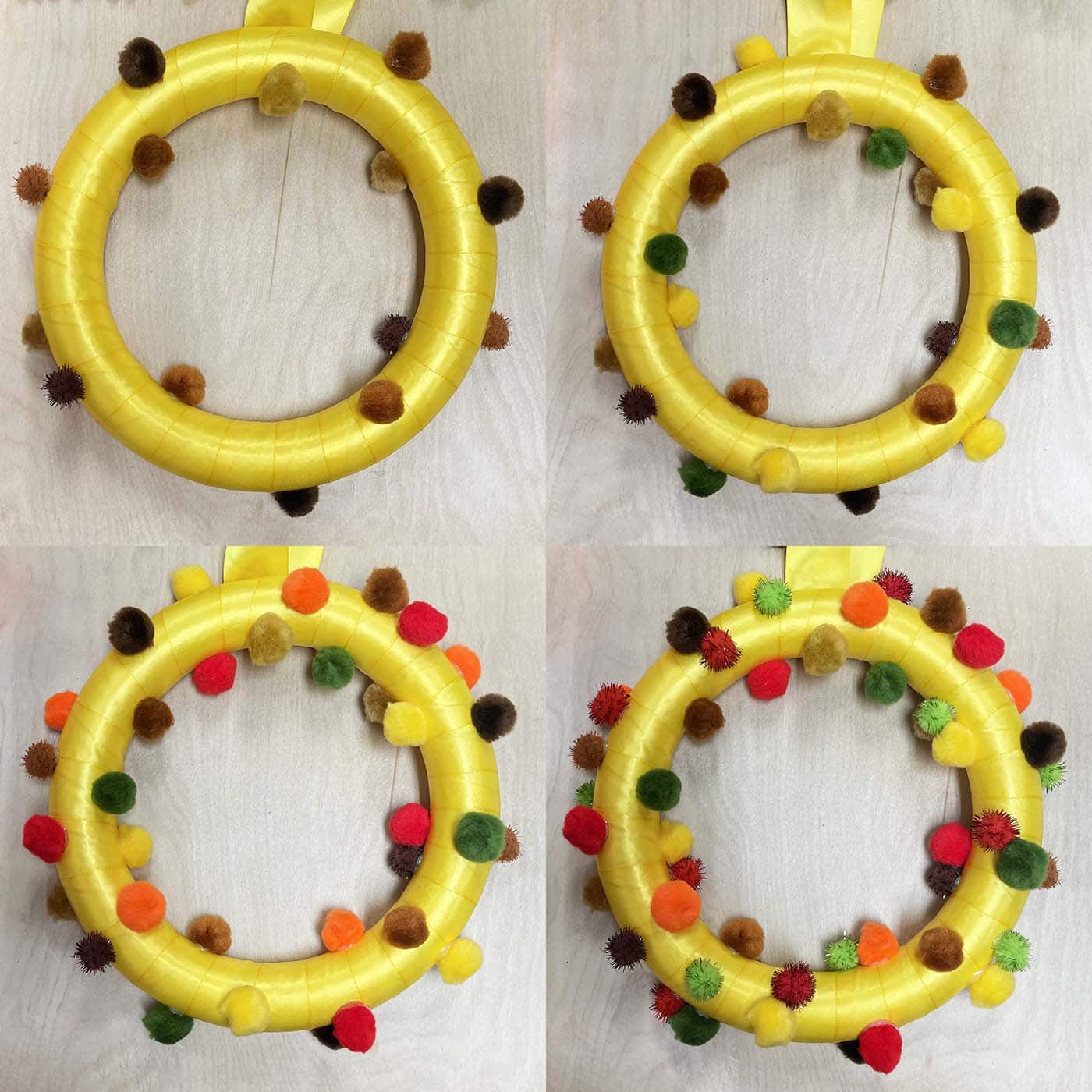 First pom poms on Fall Pom Pom Wreath