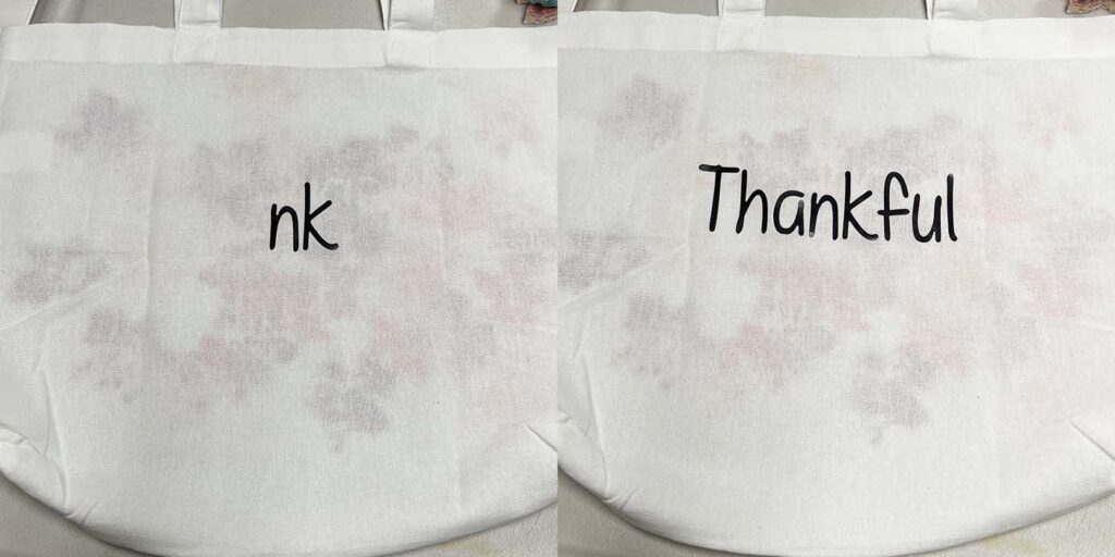 Adding letter stickers to thankful tote bag