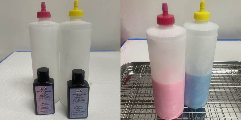 Putting color change dye in squeeze bottles