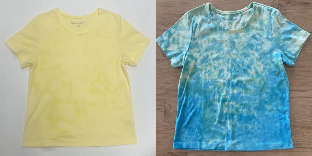 Yellow Shirt after bleach tie dye and after being re-dyed