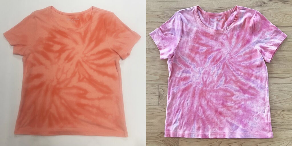 Orange Shirt after bleach tie dye and after being re-dyed