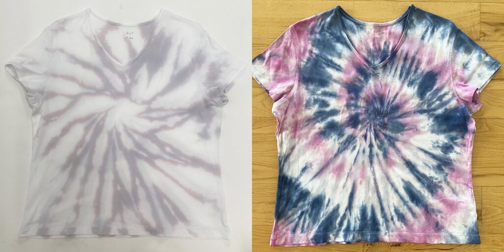 Light Blue Shirt after bleach tie dye and after being re-dyed