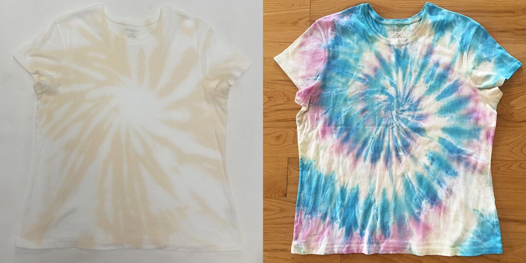 Pale Yellow Shirt after bleach tie dye and after being re-dyed
