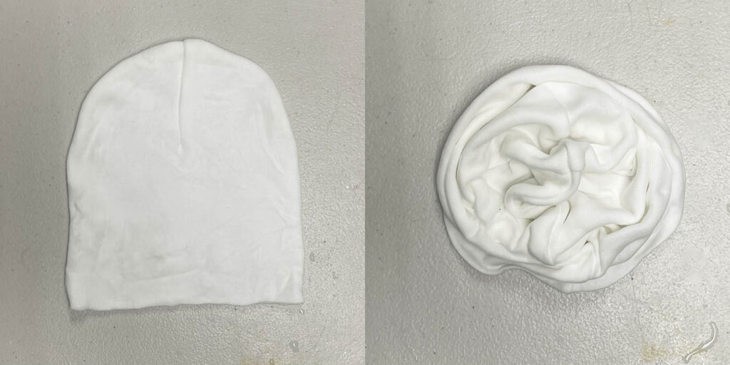 creating crumple tie dye pattern with baby beanie hat