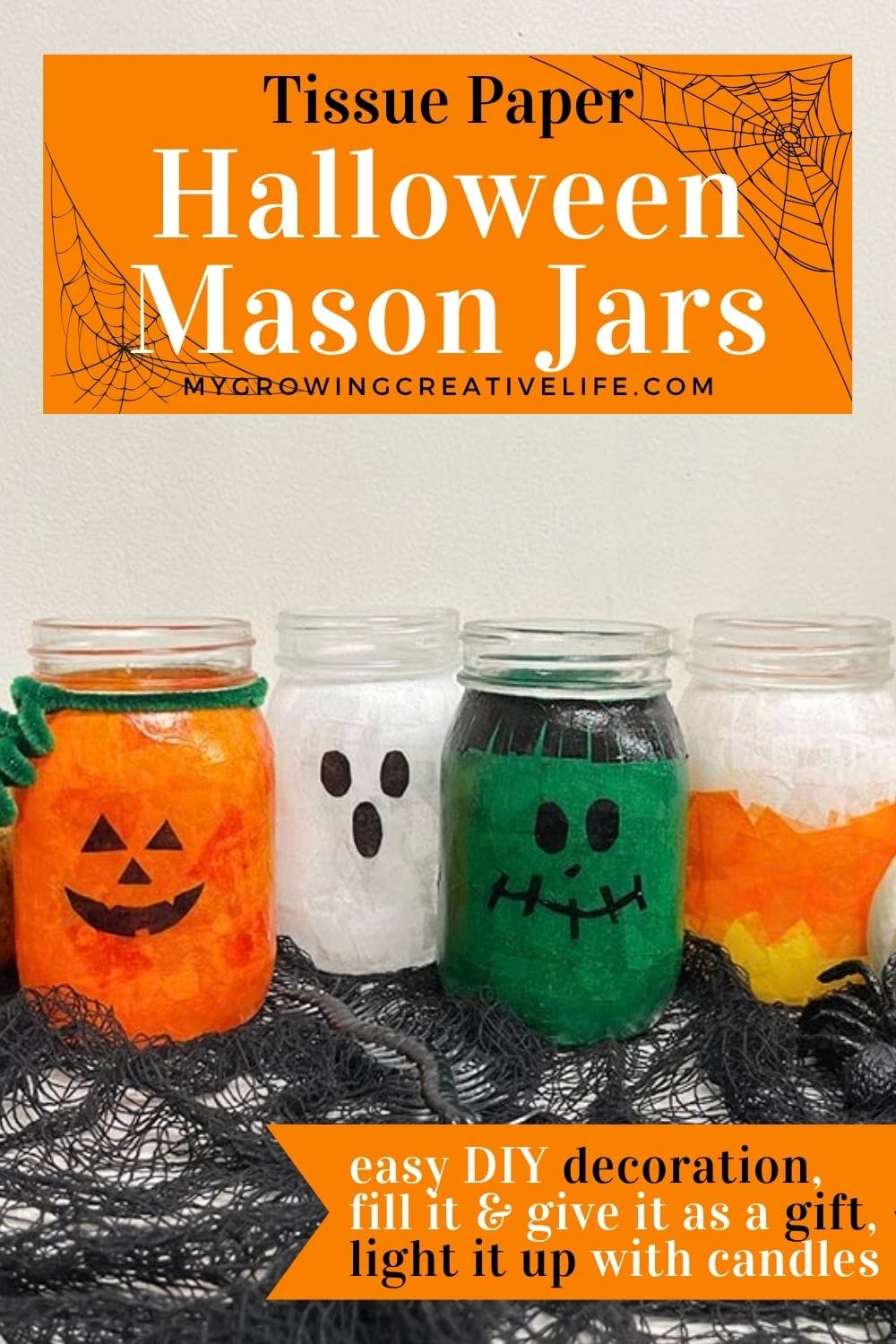 Tissue Paper Halloween Mason Jars