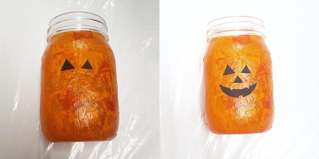Adding pumpkin face to the mason jar
