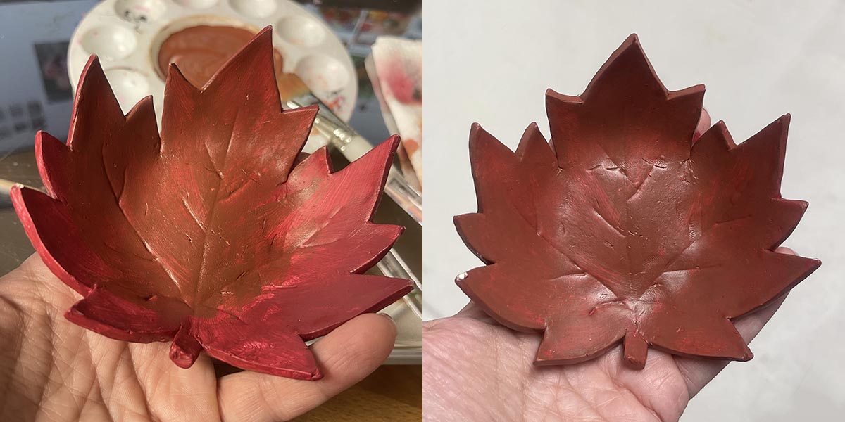 Painting darker second color on inside and sides of maple leaf bowl