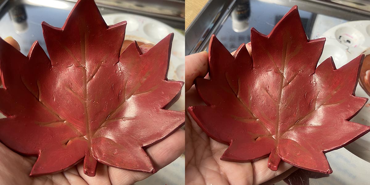 Painting final coat of first color on maple leaf and adding more detail to veins of leaf