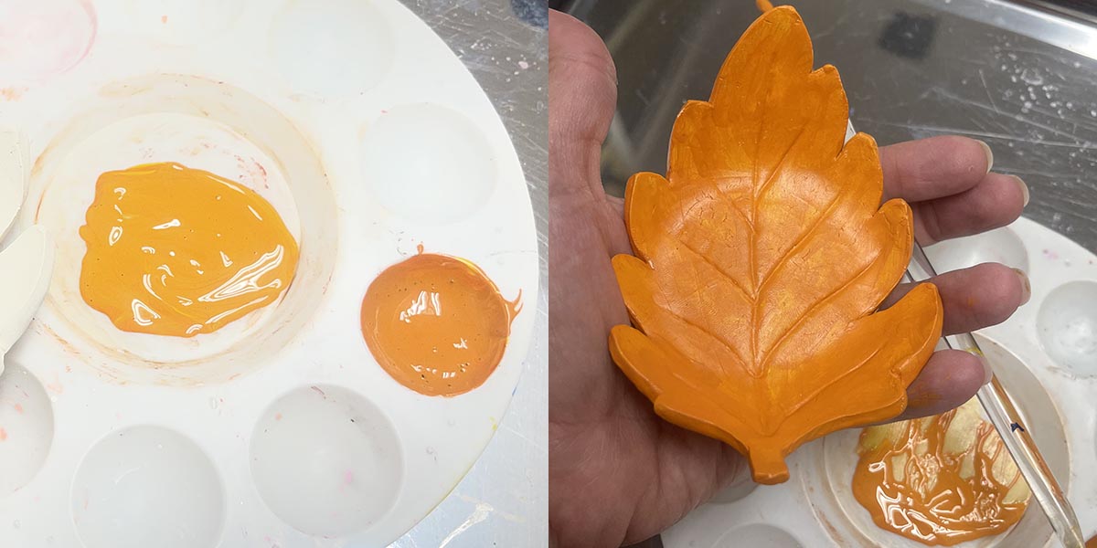 Mixing paint for oak leaf bowl and painting first color on