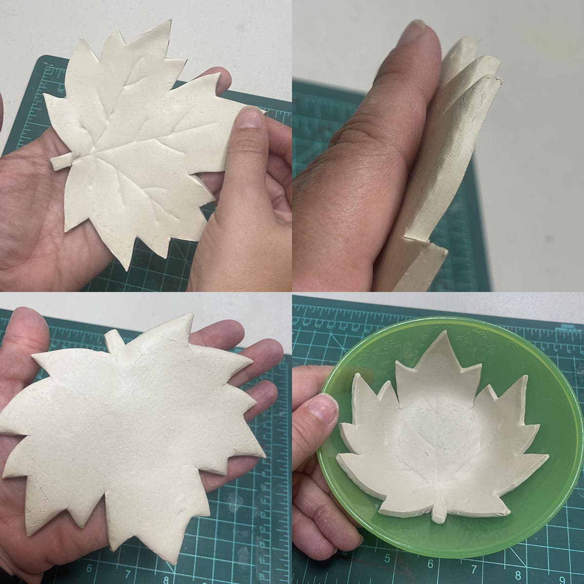 Smoothing out edges of maple leaf and laying in bowl to dry