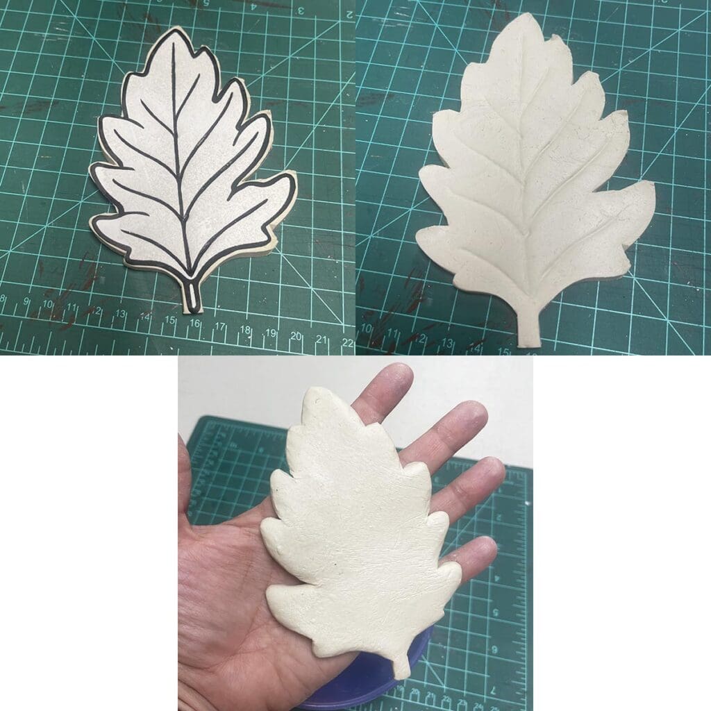 Using oak leaf template to create clay design and smoothing out edges
